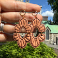 Boucles d’oreilles Rosaces du couchant terracotta : fleurs stylisées ajourées en deux parties, aux rainures foncées et au contour perlé.