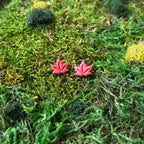 Deux puces feuilles d’érable en argile polymère aux teintes chaudes, posées sur la mousse.